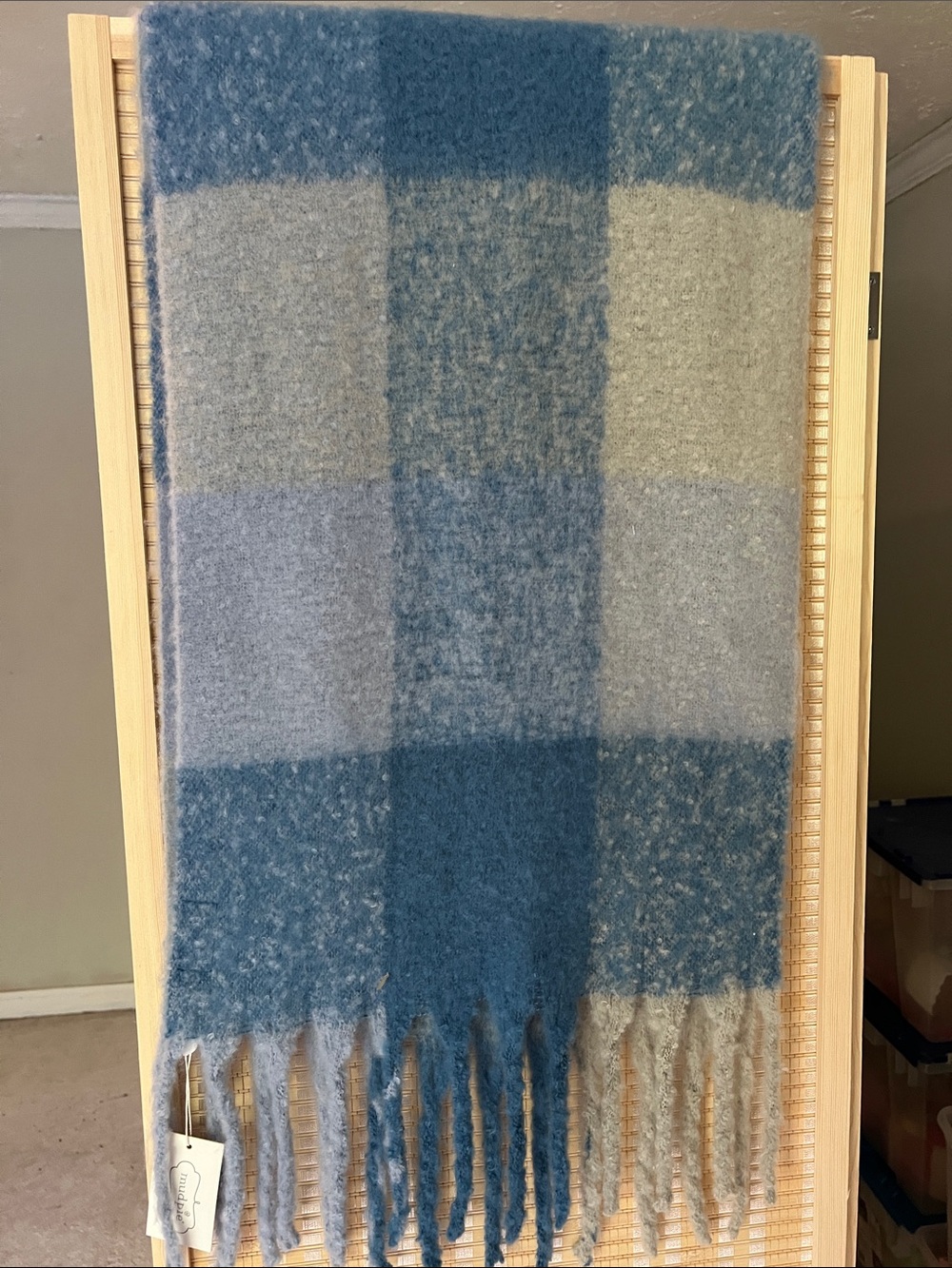 Mud Pie Blue and Light Gray Plaid Fringe Wrap Scarf